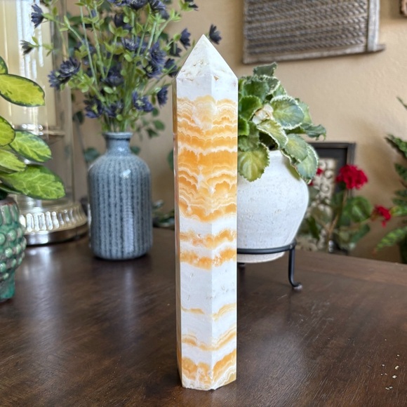 Imperfect - Large Yellow Banded Calcite Tower - 1.77 Pounds and 9.25 Inches Tall - Picture 4 of 13